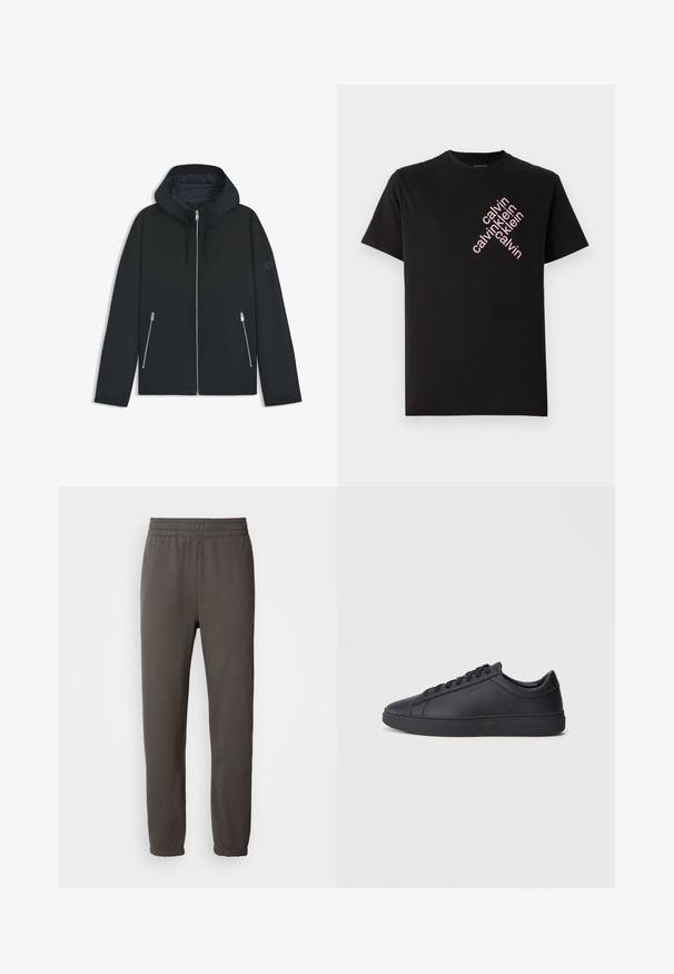Chaqueta negra con capucha, con un diseño geométrico en contraste, que presenta un cierre de cremallera y dos bolsillos laterales con cremalleras plateadas. Textura de tela suave.; Camiseta de algodón negra con un estampado diagonal del logo "calvin klein" en rosa en la parte frontal. Manga corta y escote redondeado.; Pantalones de chándal gris oscuro con cintura elástica, piernas ajustadas y puños acanalados. Presenta un pequeño logo en el muslo. Hechos de un tejido suave.; Zapatillas negras de cuero liso con diseño bajo, puntera redonda y suela plana de goma. Presentan cordones y una marca sutil.