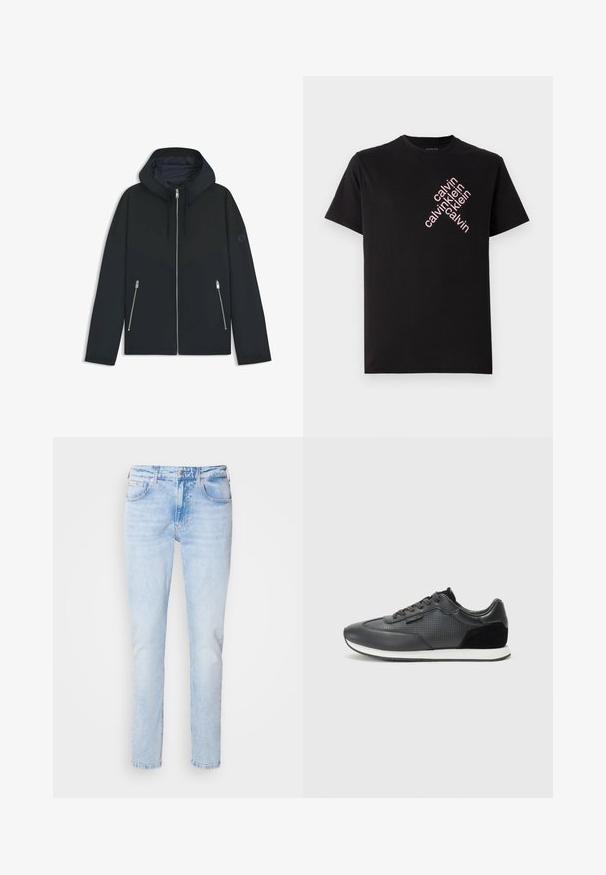 Musta huppari, jossa on kontrastinen geometrinen kuvio, varustettuna vetoketjusulkeisella ja kahdella sivutaskulla, joissa on hopeiset vetoketjut. Sujuva kangaspuoli.; Mustat puuvillaiset t-paidat, joissa on vinosti pinkki "calvin klein" -logoscreeni edessä. Lyhyet hihat ja pyöreä kaula-aukko.; Vaaleansiniset farkut suoran lahjen leikkauksella, joissa on haalistunut pesu, viisi taskua, nappikiinnitys ja hienovaraiset tikkausleikkaukset.; Mustat urheilukengät, joissa on nahkainen yläosa, lävistyksillä, mokkanahka-akselit ja valkoinen kumipohja. Klassinen nauhoitussuunnittelu.