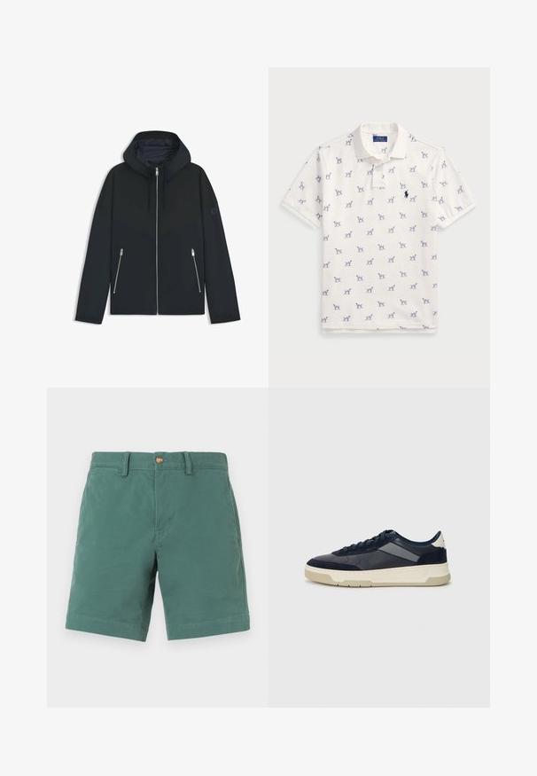 Czarna, kapturowa kurtka z kontrastowym geometrycznym wzorem, z zamkiem błyskawicznym i dwoma bocznymi kieszeniami ze srebrnymi suwakami. Gładka faktura materiału.; Biała koszulka polo z bawełny, z powtarzającym się niebieskim wzorem psów i małym niebieskim logo na piersi. Krótkie rękawy i kołnierzyk.; Zielone bawełniane spodenki o prostym kroju, z zapięciem na guziki i szlufkami na pasek. Gładka faktura, długość do kolan, bez wzorów i dodatków.; BOSS BALTIMORE niebieski