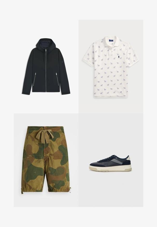 Zwarte hooded jacket met een contrasterend geometrisch ontwerp, voorzien van een ritssluiting en twee zijzakken met zilveren ritsen. Soepele stoftextuur.; Witte polo gemaakt van katoen, met een herhaald blauw hondenpatroon en een klein blauw logo op de borst. Korte mouwen en kraag.; Camouflage shorts in tinten van groen en bruin, gemaakt van lichtgewicht stof, met een trekkoord in de taille en ge gathered hem details.; BOSS BALTIMORE - Sneakers laag - open blue