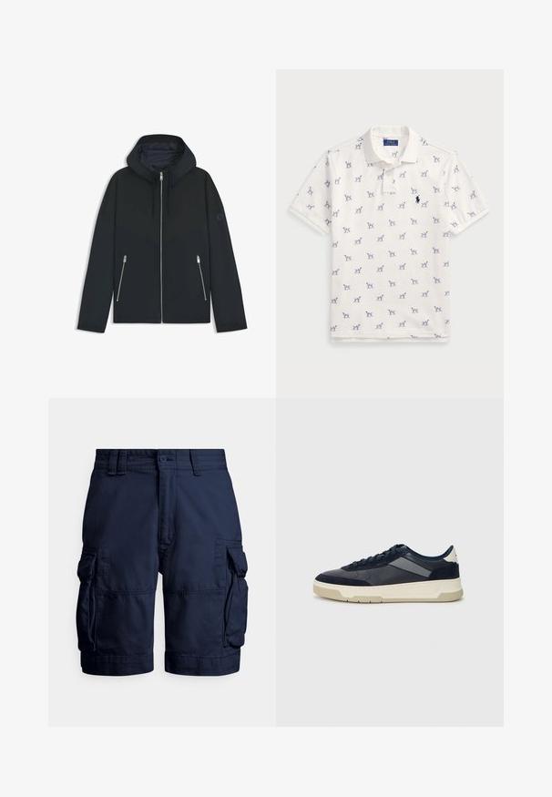 Czarna, kapturowa kurtka z kontrastowym geometrycznym wzorem, z zamkiem błyskawicznym i dwoma bocznymi kieszeniami ze srebrnymi suwakami. Gładka faktura materiału.; Biała koszulka polo z bawełny, z powtarzającym się niebieskim wzorem psów i małym niebieskim logo na piersi. Krótkie rękawy i kołnierzyk.; Granatowe szorty typu cargo wykonane z wytrzymałego materiału, wyposażone w boczne kieszenie, zapięcie na guziki oraz przeszycia dodające faktury.; BOSS BALTIMORE niebieski