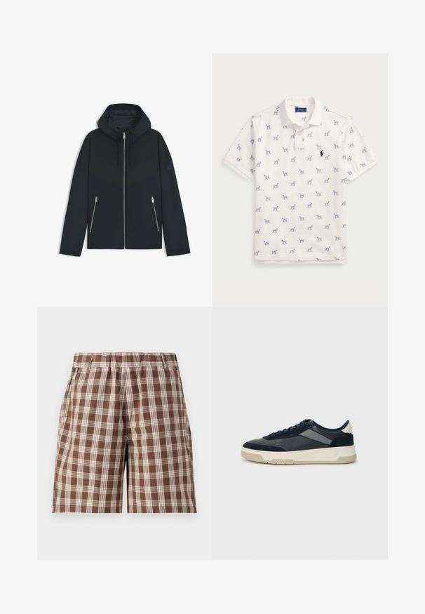 Zwarte hooded jacket met een contrasterend geometrisch ontwerp, voorzien van een ritssluiting en twee zijzakken met zilveren ritsen. Soepele stoftextuur.; Witte polo gemaakt van katoen, met een herhaald blauw hondenpatroon en een klein blauw logo op de borst. Korte mouwen en kraag.; Bruine geruite shorts met een elastische tailleband, voorzien van lichtbeige ruitpatronen en zijzakken. Gemaakt van een lichte stof.; BOSS BALTIMORE - Sneakers laag - open blue