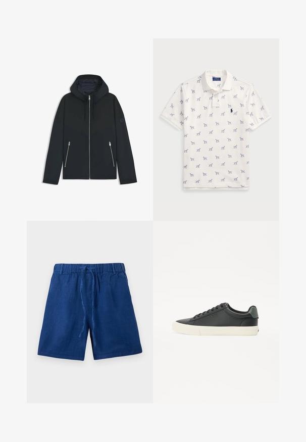 Giacca nera con cappuccio e un design geometrico a contrasto, dotata di chiusura con zip e due tasche laterali con zip argentate. Tessuto dalla texture liscia.; Polo bianco in cotone, con motivo a cani blu ripetuto e un piccolo logo blu sul petto. Maniche corte e colletto.; Pantaloni shorts blu casual con cintura elastica e laccetti, realizzati in tessuto leggero.; Sneaker in pelle nera con finitura testurizzata, suola in gomma bianca, punta rotonda e accento verde nel tallone. Design con sei occhielli per allacciatura.