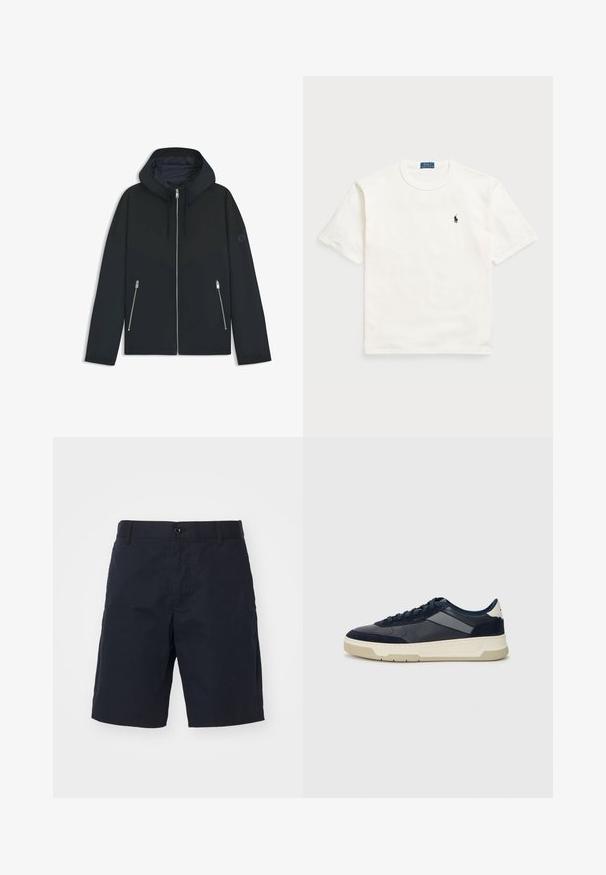 Schwarze Kapuzenjacke mit einem kontrastierenden geometrischen Design, ausgestattet mit einem Reißverschluss und zwei seitlichen Taschen mit silbernen Reißverschlüssen. Glatte Stoffoberfläche.; Weißes Baumwoll-T-Shirt mit kurzen Ärmeln, das über einen klassischen Rundhalsausschnitt verfügt und ein kleines schwarzes gesticktes Logo auf der linken Brust hat.; Schwarze Baumwollshorts mit flachem Bund, seitlichen Taschen, Knopfverschluss und geradem Beinverlauf. Keine sichtbaren Muster oder Akzenten.; BOSS BALTIMORE - Sneaker low - open blue