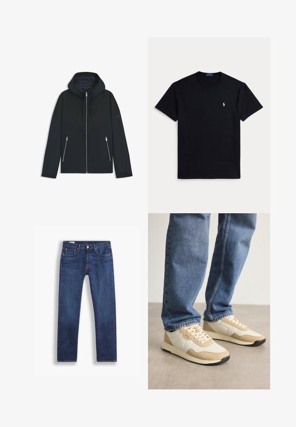 Czarna, kapturowa kurtka z kontrastowym geometrycznym wzorem, z zamkiem błyskawicznym i dwoma bocznymi kieszeniami ze srebrnymi suwakami. Gładka faktura materiału.; Czarny bawełniany t-shirt z okrągłym dekoltem, krótkimi rękawami i małym haftowanym logo na lewej piersi. Gładka faktura.; Ciemnoniebieskie jeansy o prostym kroju, klasyczny pięciopłatkowy styl i zapięcie na guzik, prezentowane na białym tle.; Beżowe i kremowe sneakersy wykonane z zamszu i siateczkowych materiałów, z teksturowaną podeszwą i tonowymi akcentami, zestawione z niebieskimi dżinsami.