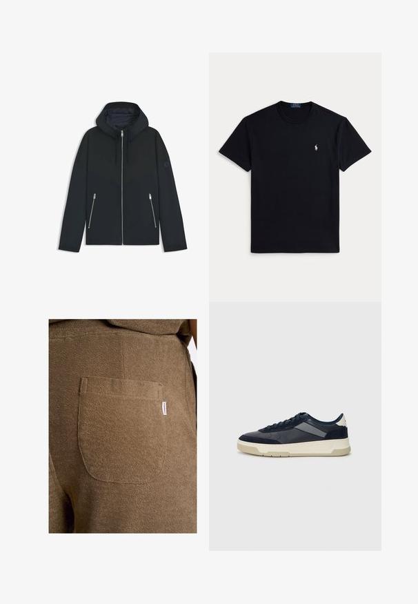 Musta huppari, jossa on kontrastinen geometrinen kuvio, varustettuna vetoketjusulkeisella ja kahdella sivutaskulla, joissa on hopeiset vetoketjut. Sujuva kangaspuoli.; Musta puuvillainen t-paita, jossa pyöreä pääntie, lyhyet hihat ja vasemmassa rinnassa pieni kirjailtu logo. Sileä pinta.; Lindbergh ELASTIC WAIST - Shortsit - dk stone; BOSS BALTIMORE - Matalavartiset tennarit - open blue