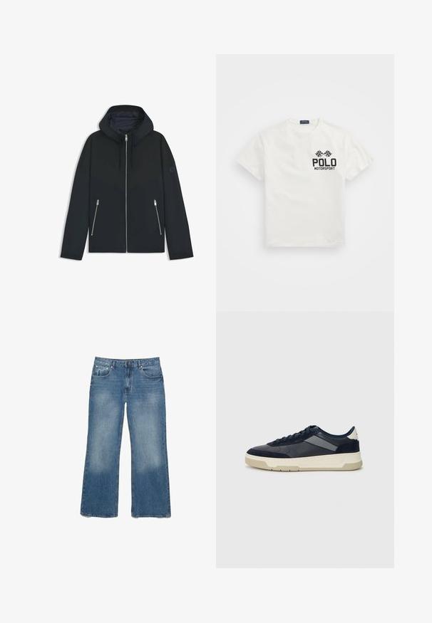 Giacca nera con cappuccio e un design geometrico a contrasto, dotata di chiusura con zip e due tasche laterali con zip argentate. Tessuto dalla texture liscia.; T-shirt bianca in cotone con colletto rotondo, con logo nero "Polo Motorsport" e bandiere a scacchi incrociate sul lato sinistro del petto.; Jeans in denim azzurro chiaro a gamba larga con una finitura sbiadita, cinque tasche e chiusura con zip. Orli cuciti e design classico.; BOSS BALTIMORE - Sneakers basse - open blue