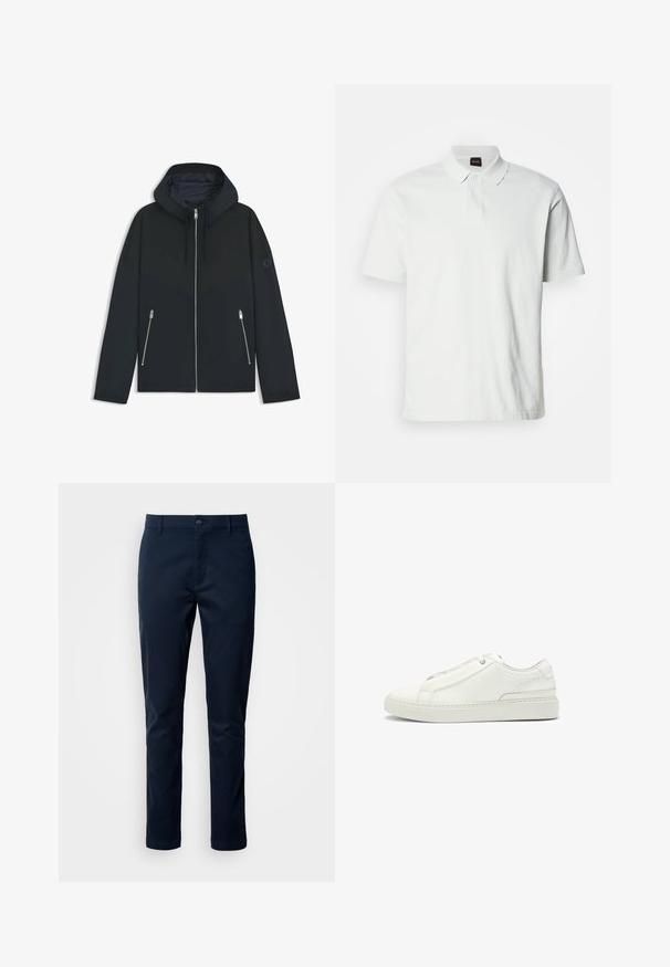 Musta huppari, jossa on kontrastinen geometrinen kuvio, varustettuna vetoketjusulkeisella ja kahdella sivutaskulla, joissa on hopeiset vetoketjut. Sujuva kangaspuoli.; Valkoinen poolopaita, joka on valmistettu puuvillasta. Paidassa on klassinen kaulus, kaksi nappia ja etuosassa hillitty brändilogo brodeerattuna. Lyhyet hihat.; Tummansininen puuvillatrikoo, jossa on suora leikkaus, napakiinnitys ja taskut. Sileä pinta ja vähäiset muotoiluelementit.; Valkoinen nahkakenkä, jossa on teksturoitu yläosa, pyöreä kärki, minimalistinen muotoilu ja kumipohja, jossa on ommeltu yksityiskohta.