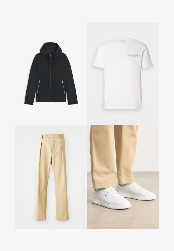 Black hooded jacket with a contrasting geometric design, featuring a zip closure and two side pockets with silver zippers. Smooth fabric texture.; White cotton t-shirt with a crew neck, short sleeves, and a printed logo. Features minimalist design and relaxed fit.; Beige trousers with a straight leg design, featuring front pleats, a button closure, and smooth texture. No visible patterns or accents.; White leather sneakers with a smooth finish, featuring round toe, lace-up design, and subtle logo detail on the side, paired with beige pants.