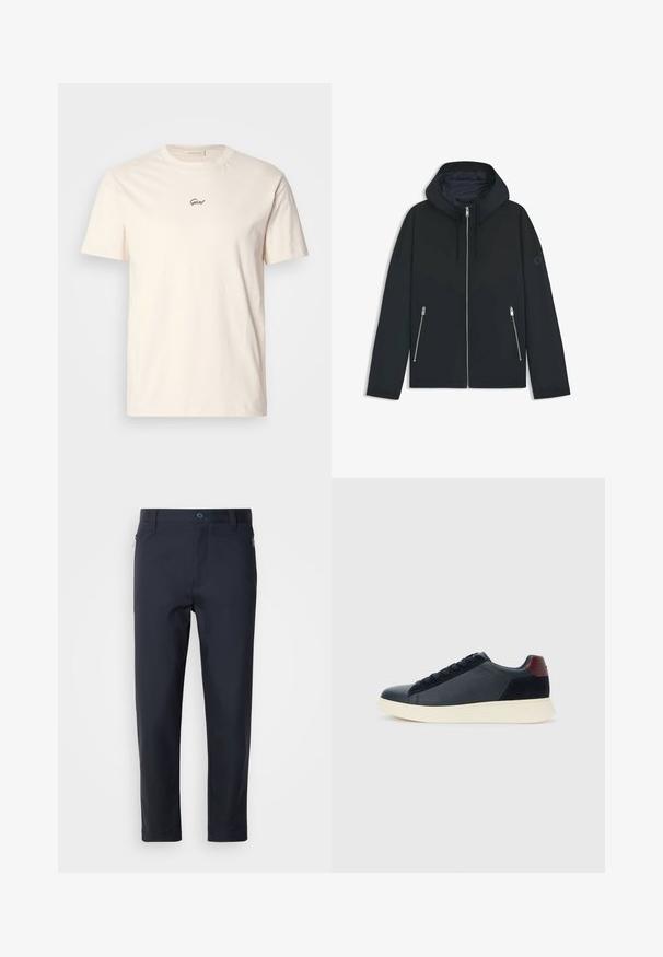 Sort hættejakke med et kontrastfyldt geometrisk design, der har lynlås lukning og to sidelommer med sølv lynlåse. Glat stoftekstur.; Cremefarvet bomulds t-shirt med korte ærmer og rund udskæring. Har et lille sort broderet logo på brystet. Blød tekstur.; Marineblå skræddersyede bukser lavet af glat stof, med en lynlås lomme, lige ben og en knaplukning i taljen.; Lave herresneakers i sort læder og ruskind med maroon hælflap og hvid gummisål, set fra ydersiden.