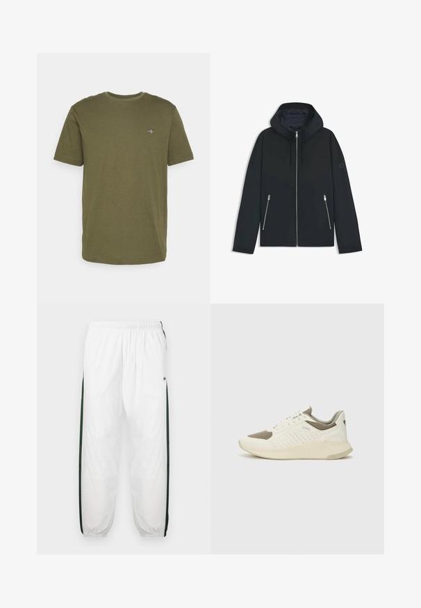 Veste à capuche noire avec un design géométrique contrasté, dotée d'une fermeture éclair et de deux poches latérales avec des zips argentés. Texture de tissu lisse.; T-shirt en coton vert olive avec des manches courtes, un col rond et un petit logo brodé sur la poitrine. Texture lisse, design décontracté.; Pantalons de sport blancs avec des panneaux latéraux vert foncé. Tissu léger, taille élastique et ourlets côtelés. Présente une texture en maille sur les panneaux latéraux.; Basket de sport blanche et beige clair, avec une tige en maille, des détails perforés et une semelle intermédiaire texturée avec un logo sur le talon.