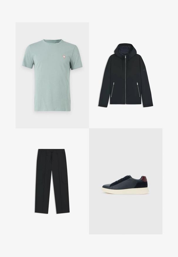 Schwarze Kapuzenjacke mit einem kontrastierenden geometrischen Design, ausgestattet mit einem Reißverschluss und zwei seitlichen Taschen mit silbernen Reißverschlüssen. Glatte Stoffoberfläche.; Hellgrünes Baumwoll-T-Shirt mit Rundhalsausschnitt und kurzen Ärmeln. Verfügt über ein kleines rotes Dreieckslogo auf der linken Brust.; Schwarze Cargo-Hosen aus Nylon. Verfügt über einen elastischen Bund mit Kordelzug, seitliche Taschen und ein flaches Frontdesign.; Schwarze Leder- und Wildledersneaker für Herren mit einem ziegelroten Fersenpatch und weißer Gummisohle, von der Außenseite betrachtet.