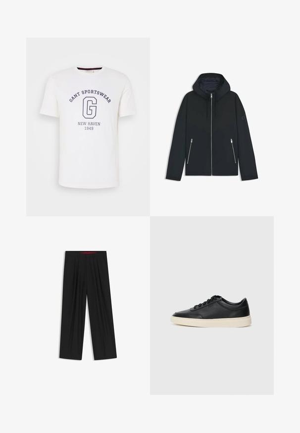 Giacca nera con cappuccio e un design geometrico a contrasto, dotata di chiusura con zip e due tasche laterali con zip argentate. Tessuto dalla texture liscia.; T-shirt in cotone bianco con colletto a girocollo, maniche corte e testo stampato blu scuro: "GANT SPORTSWEAR," "NEW HAVEN," e "1949."; Pantaloni neri a gamba larga con fronte piatto, due tasche laterali, design plissettato e un elastico in vita di colore rosso a contrasto.; Sneaker in pelle nera a basso profilo con lacci neri e suola avorio, mostrato di profilo su sfondo bianco.