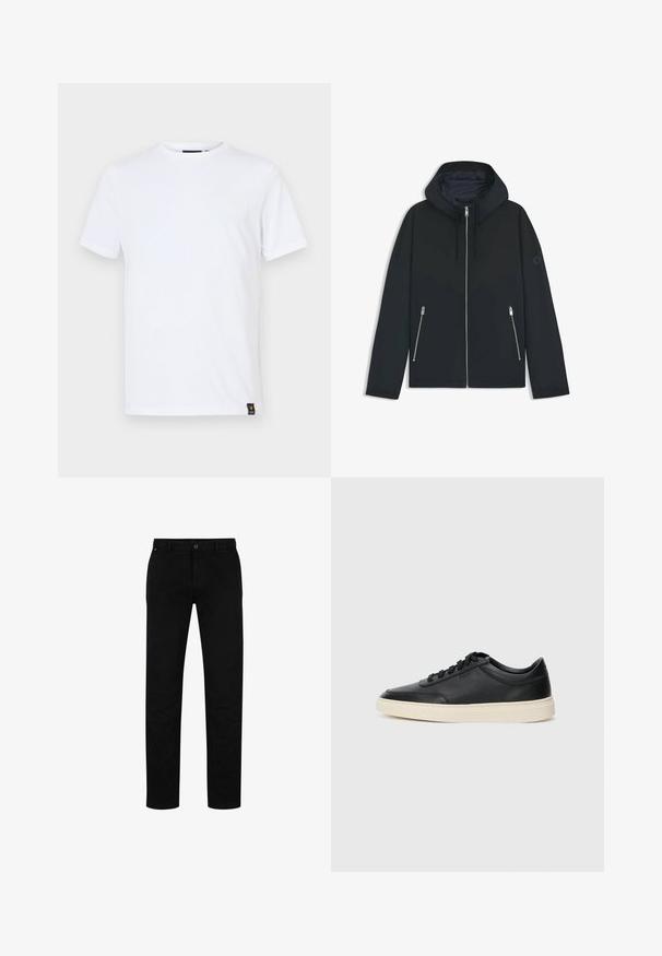 Czarna, kapturowa kurtka z kontrastowym geometrycznym wzorem, z zamkiem błyskawicznym i dwoma bocznymi kieszeniami ze srebrnymi suwakami. Gładka faktura materiału.; Biała koszulka z krótkim rękawem z bawełny, o klasycznym okrągłym dekolcie, prostym kroju i małej naszywce logo na dolnym brzegu.; Czarne bawełniane spodnie o prostym kroju, z zapięciem na guziki, paskami do paska oraz minimalistycznym wzornictwem. Gładka tekstura, bez wzorów.; Czarne niskie skórzane sneakersy z czarnymi sznurówkami i off-white podeszwą, prezentowane w profilu bocznym na białym tle.