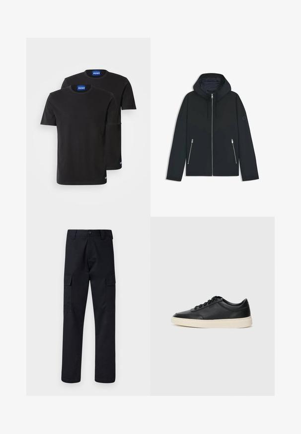 Czarna, kapturowa kurtka z kontrastowym geometrycznym wzorem, z zamkiem błyskawicznym i dwoma bocznymi kieszeniami ze srebrnymi suwakami. Gładka faktura materiału.; Dwie czarne bawełniane koszulki z okrągłymi dekoltami, krótkimi rękawami oraz niebieskimi metkami "HUGO" na kołnierzach i bocznych brzegach.; Czarne spodnie cargo wykonane z mocnego materiału, z prostym krojem nogawki, dwiema bocznymi kieszeniami i zapięciem na guzik w pasie.; Czarne niskie skórzane sneakersy z czarnymi sznurówkami i off-white podeszwą, prezentowane w profilu bocznym na białym tle.