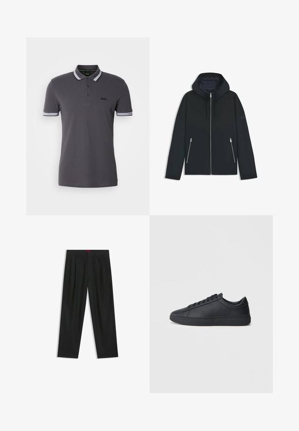 Svart huva jacka med en kontrasterande geometrisk design, med dragkedjestängning och två sidfickor med silverdragkedjor. Släta tygstruktur.; Mörkgrå polo tröja i bomull, med en tvåknappslucka, kontrasterande vita detaljer på kragen och ärmarna, samt broderad logotyp.; Svarta byxor med vikta detaljer, bred benform och en slät textur. Har en röd midjebandsetikett.; Svarta sneakers i slätt läder med låg design, rund tå och platt gummisula. Har snörning och subtil branding.