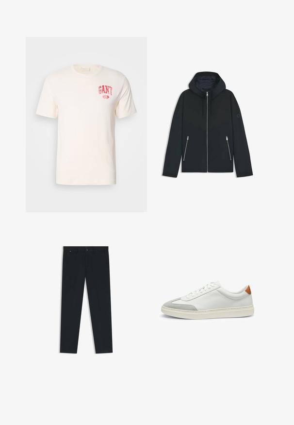 Zwarte hooded jacket met een contrasterend geometrisch ontwerp, voorzien van een ritssluiting en twee zijzakken met zilveren ritsen. Soepele stoftextuur.; Katoenen T-shirt in off-white met korte mouwen, ronde hals en een lichtrode GANT-logo gedrukt op de borst. Eenvoudig en casual ontwerp.; Heren donkerblauwe broek gemaakt van lichte stof. Voorzien van een knoopsluiting, riemlussen en twee zijzakken. Rechte pijpdesign.; Witte leren sneakers met grijze suede accenten en een tan leren hieltab. Kenmerkt zich door een textuurovervlak en een lichtgewicht zool.