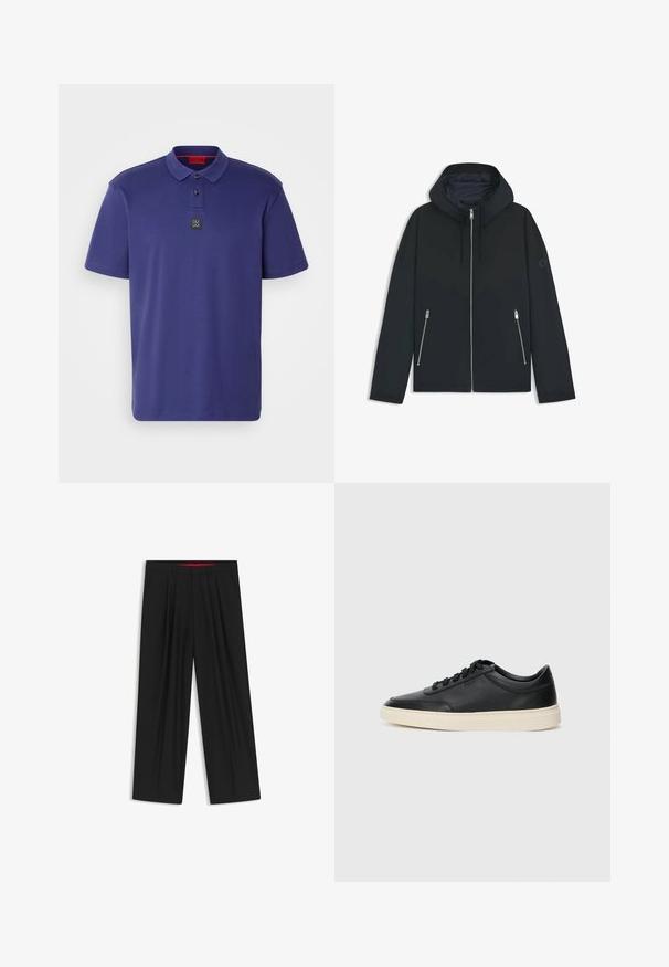 Musta huppari, jossa on kontrastinen geometrinen kuvio, varustettuna vetoketjusulkeisella ja kahdella sivutaskulla, joissa on hopeiset vetoketjut. Sujuva kangaspuoli.; HUGO DEABONO - Pikeepaita - dark blue; Musta leveälahkeinen housu, jossa on litteä etuosa, kaksi sivupistettä, laskostettu muotoilu ja kontrastivärinen punainen vyötärön sisäosa.; Musta matalavartinen nahkastretchu, jossa on mustat nauhat ja vaaleanharmaa pohja, esitetty sivuprofiilissa valkoista taustaa vasten.