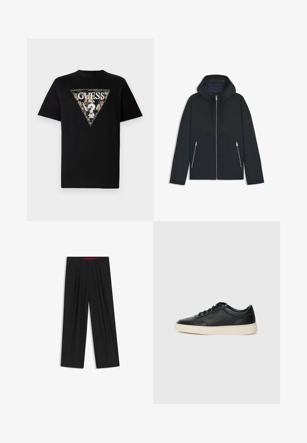 Zwarte hooded jacket met een contrasterend geometrisch ontwerp, voorzien van een ritssluiting en twee zijzakken met zilveren ritsen. Soepele stoftextuur.; Zwarte katoenen T-shirt met een driehoekig geprint logo in goud en wit met bloemaccenten en de tekst "GUESS" in het midden.; Zwarte wijde broek met een vlakke voorkant, twee zijzakken, geplooid ontwerp en een contrasterende rode binnenband.; Zwarte leren sneaker met lage schacht, zwarte veters en off-white zool, weergegeven in zijprofiel op een witte achtergrond.