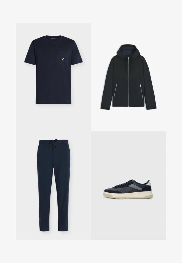 Chaqueta negra con capucha, con un diseño geométrico en contraste, que presenta un cierre de cremallera y dos bolsillos laterales con cremalleras plateadas. Textura de tela suave.; Camiseta de algodón azul marino con cuello redondo, mangas cortas y un bolsillo en el pecho con un pequeño logo de un pájaro amarillo.; Pantalones azul marino hechos de tela suave con cintura de cordón, que presentan un patrón de rayas verticales y un diseño de pierna cónica.; BOSS BALTIMORE - Zapatillas - open blue