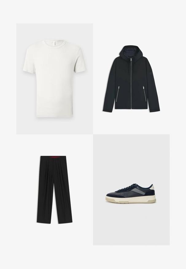 Svart huva jacka med en kontrasterande geometrisk design, med dragkedjestängning och två sidfickor med silverdragkedjor. Släta tygstruktur.; En enkel vit T-shirt med kort ärm och rund hals, utlagd plant på en ljusgrå bakgrund med en liten tygetikett vid kragen.; Svarta vida byxor med slät front, två sidofickor, veckad design och en kontrasterande röd midjeresår.; BOSS BALTIMORE - Sneakers - open blue