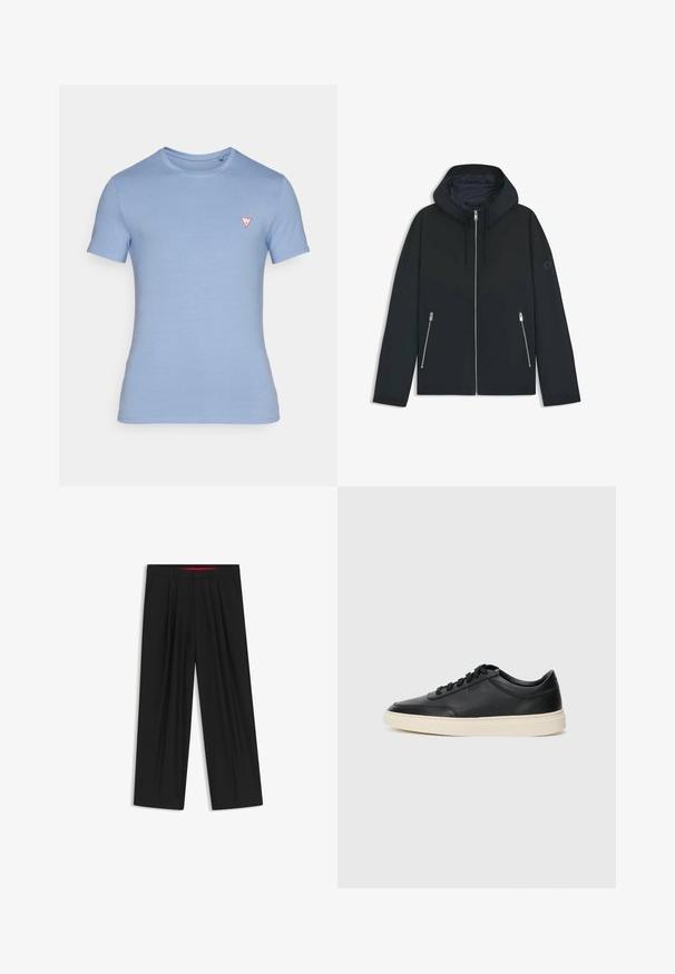 Zwarte hooded jacket met een contrasterend geometrisch ontwerp, voorzien van een ritssluiting en twee zijzakken met zilveren ritsen. Soepele stoftextuur.; Lichtblauwe korte mouwen t-shirt van katoen. Heeft een ronde halslijn en een klein rood driehoekig logo op de borst.; Zwarte wijde broek met een vlakke voorkant, twee zijzakken, geplooid ontwerp en een contrasterende rode binnenband.; Zwarte leren sneaker met lage schacht, zwarte veters en off-white zool, weergegeven in zijprofiel op een witte achtergrond.