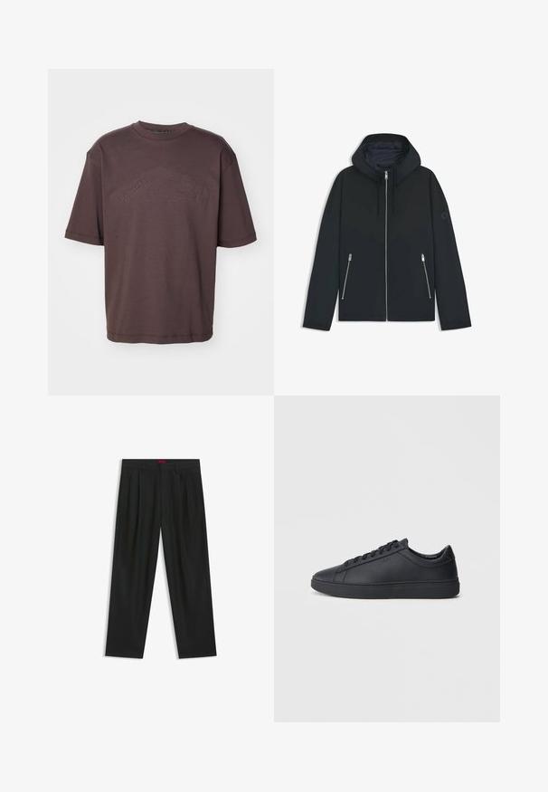 Giacca nera con cappuccio e un design geometrico a contrasto, dotata di chiusura con zip e due tasche laterali con zip argentate. Tessuto dalla texture liscia.; T-shirt in cotone marrone scuro con scollatura rotonda e maniche corte. Logo "DSQUARED2 ICON" in rilievo sul davanti. Vestibilità ampia.; Pantaloni neri con un design plissè, forma a gamba larga e texture liscia. Presentano un'etichetta rossa in vita.; Sneakers neri realizzati in pelle liscia, con design a bassa cima, punta rotonda e suola piatta in gomma. Presentano lacci e un branding discreto.