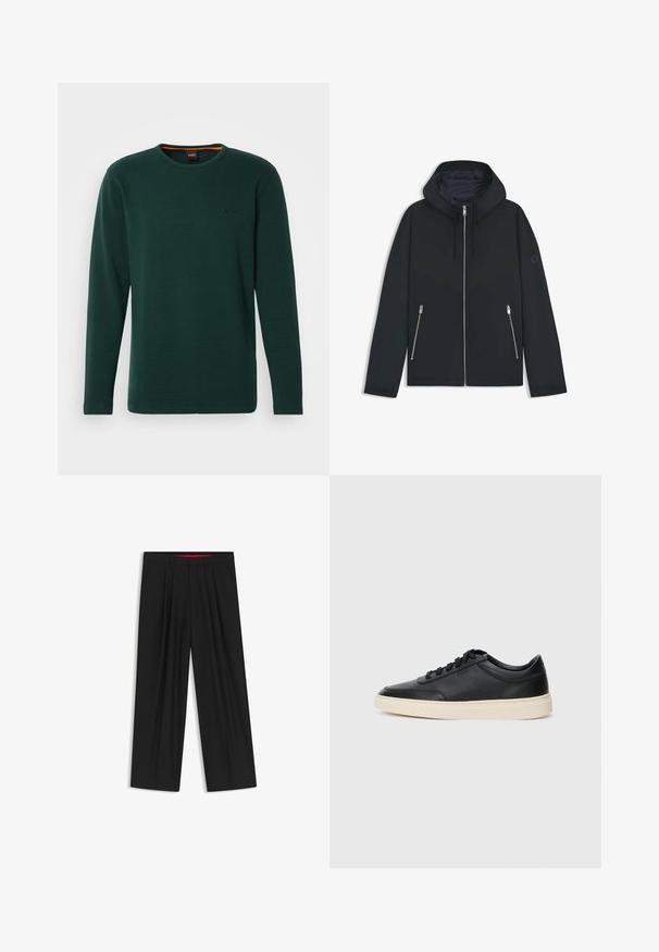 Musta huppari, jossa on kontrastinen geometrinen kuvio, varustettuna vetoketjusulkeisella ja kahdella sivutaskulla, joissa on hopeiset vetoketjut. Sujuva kangaspuoli.; Pitkähihaisen vihreän lämpöpaidan valmistettu tekstuurikankaasta, jossa on pyöreä pääntie ja kohokuvioitu logo vasemmassa rinnassa. Korostettuna oranssi sisäkaulus.; Musta leveälahkeinen housu, jossa on litteä etuosa, kaksi sivupistettä, laskostettu muotoilu ja kontrastivärinen punainen vyötärön sisäosa.; Musta matalavartinen nahkastretchu, jossa on mustat nauhat ja vaaleanharmaa pohja, esitetty sivuprofiilissa valkoista taustaa vasten.