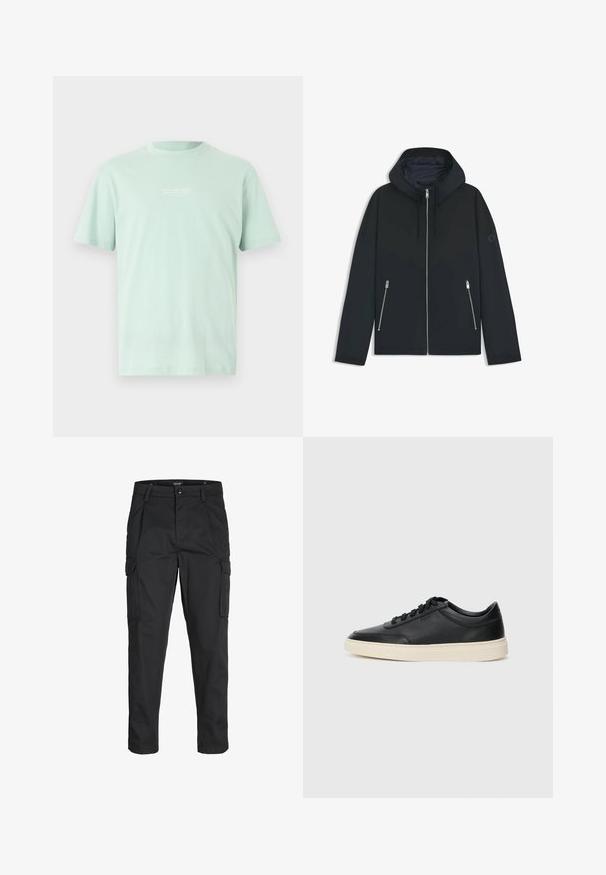 Zwarte hooded jacket met een contrasterend geometrisch ontwerp, voorzien van een ritssluiting en twee zijzakken met zilveren ritsen. Soepele stoftextuur.; Licht mintgroene katoenen T-shirt met ronde hals, korte mouwen en een kleine witte tekstafbeelding op de borst. Glad textuur en een casual pasvorm.; Zwarte cargobroek van stevig stof, met meerdere zakken, een knoopsluiting en een slim fit ontwerp met taps toelopende benen.; Zwarte leren sneaker met lage schacht, zwarte veters en off-white zool, weergegeven in zijprofiel op een witte achtergrond.