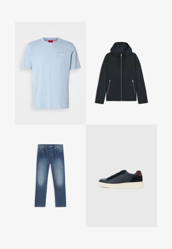 Czarna, kapturowa kurtka z kontrastowym geometrycznym wzorem, z zamkiem błyskawicznym i dwoma bocznymi kieszeniami ze srebrnymi suwakami. Gładka faktura materiału.; Jasnoniebieska bawełniana koszulka z okrągłym dekoltem i krótkimi rękawami. Posiada białe logo "HUGO" na klatce piersiowej oraz czerwoną metkę wewnętrzną.; Jeans denimowe w paski, w średnim niebieskim kolorze, z wyblakłymi fragmentami, prostą nogawką, pięcioma kieszeniami i metalowym zapięciem.; Niskie męskie sneakersy z czarnej skóry i zamszu, z bordową pętlą na pięcie i białą gumową podeszwą, widziane z zewnętrznej strony.