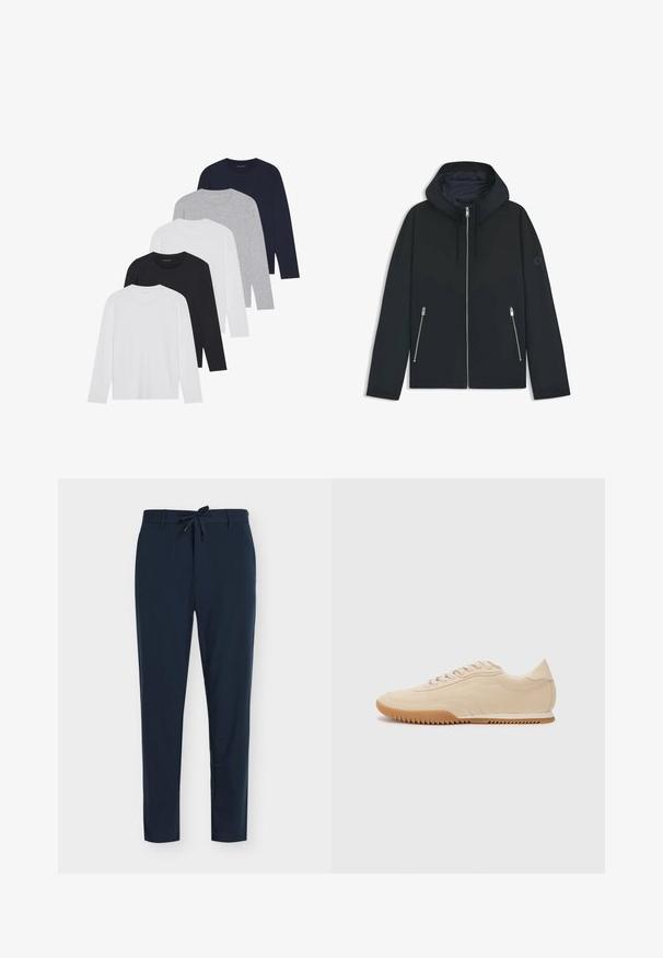 Giacca nera con cappuccio e un design geometrico a contrasto, dotata di chiusura con zip e due tasche laterali con zip argentate. Tessuto dalla texture liscia.; Cinque camicie a maniche lunghe in bianco, nero, blu navy scuro, grigio e grigio chiaro. Realizzate in tessuto morbido, presentano scolli a girocollo e polsini a costine.; Pantaloni blu navy in tessuto liscio con vita a coulisse, caratterizzati da motivo a righe verticali sottili e design con gamba affusolata.; Sneaker in suede beige con un design snello, caratterizzati da una tomaia texture, punta arrotondata e suola in gomma con un motivo a zigzag.