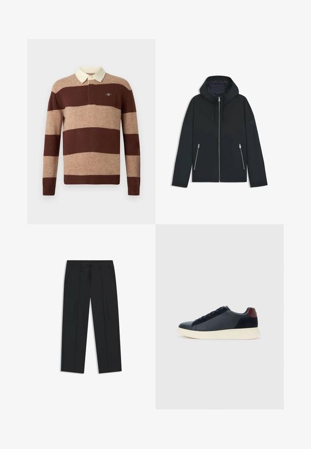 Czarna, kapturowa kurtka z kontrastowym geometrycznym wzorem, z zamkiem błyskawicznym i dwoma bocznymi kieszeniami ze srebrnymi suwakami. Gładka faktura materiału.; Koszulka rugby z długim rękawem w szerokie poziome paski w kolorze brązowym i beżowym, z kołnierzykiem w kolorze kremowym, z małym haftowanym logiem na piersi.; Czarne spodnie cargo wykonane z nylonu. Posiadają elastyczny pasek w talii z regulowanym sznurkiem, kieszenie boczne oraz płaski przód.; Niskie męskie sneakersy z czarnej skóry i zamszu, z bordową pętlą na pięcie i białą gumową podeszwą, widziane z zewnętrznej strony.
