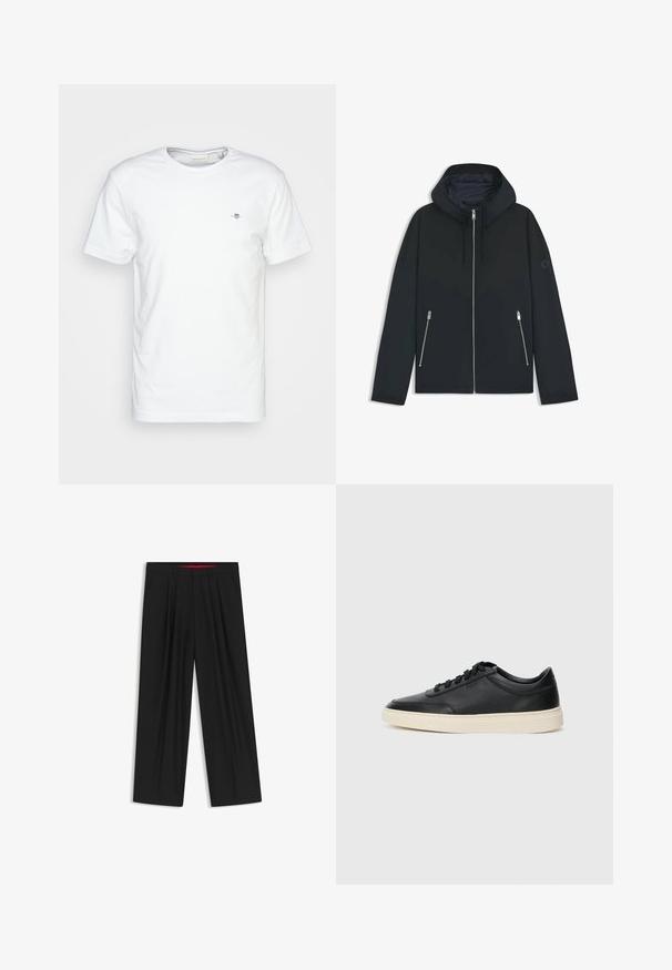 Schwarze Kapuzenjacke mit einem kontrastierenden geometrischen Design, ausgestattet mit einem Reißverschluss und zwei seitlichen Taschen mit silbernen Reißverschlüssen. Glatte Stoffoberfläche.; Weißes Baumwoll-T-Shirt mit rundem Ausschnitt und kurzen Ärmeln, das ein kleines Logo auf der Brust und eine glatte, saubere Textur aufweist.; Schwarze weit geschnittene Hosen mit flachem Bund, zwei seitlichen Taschen, gefaltetem Design und einem kontrastierenden roten Innenbund.; Schwarzer niedriger Ledersneaker mit schwarzen Schnürsenkeln und cremefarbenem Sohlenrand, seitlich auf weißem Hintergrund dargestellt.