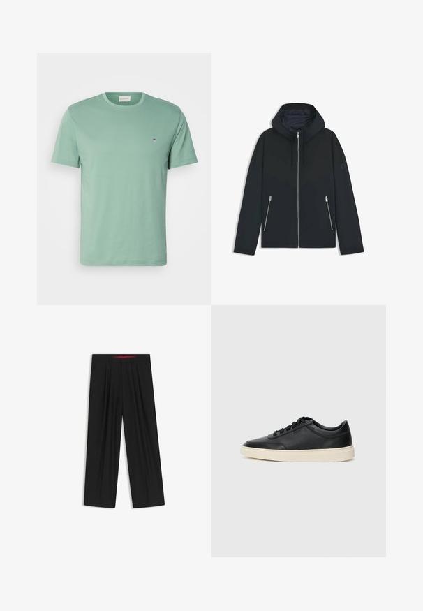 Svart huva jacka med en kontrasterande geometrisk design, med dragkedjestängning och två sidfickor med silverdragkedjor. Släta tygstruktur.; Ljusgrön bomulls t-shirt med rund halsringning, korta ärmar och ett litet emblem vid vänster bröst. Mjuk textur, vanlig passform.; Svarta vida byxor med slät front, två sidofickor, veckad design och en kontrasterande röd midjeresår.; Svart låg skor i läder med svarta snören och off-white sula, visas i sidoprofil på vit bakgrund.