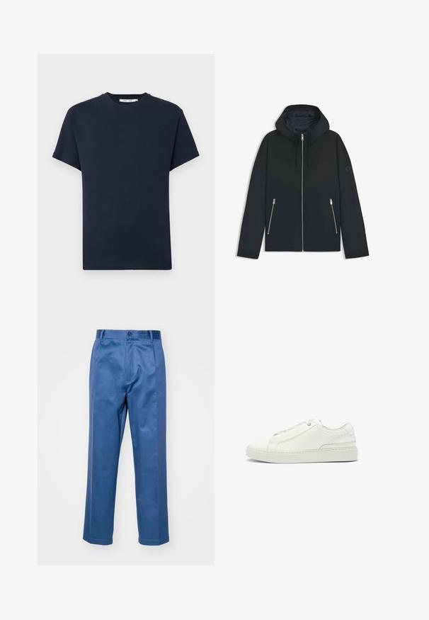 Zwarte hooded jacket met een contrasterend geometrisch ontwerp, voorzien van een ritssluiting en twee zijzakken met zilveren ritsen. Soepele stoftextuur.; Donker marineblauwe t-shirt met korte mouwen van katoen, met een ronde halslijn en een losse pasvorm. Eenvoudig, effen kleur zonder patronen.; Blauwe broek van een gladde stof, met een recht model, een knoopsluiting en subtiele stiksels.; Witte leren sneaker met een gestructureerde bovenkant, een ronde neus, minimalistisch ontwerp en een rubberen zool met gestikte details.