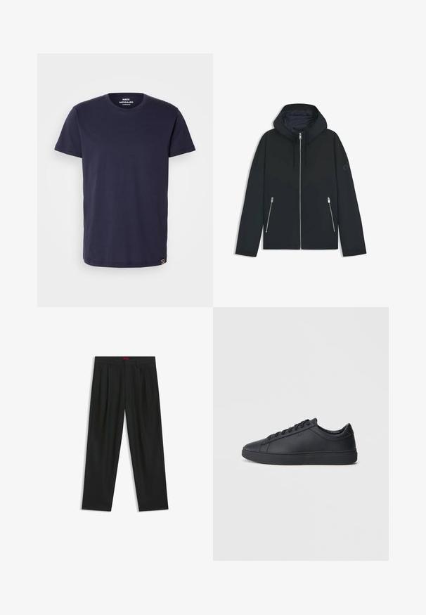 Czarna, kapturowa kurtka z kontrastowym geometrycznym wzorem, z zamkiem błyskawicznym i dwoma bocznymi kieszeniami ze srebrnymi suwakami. Gładka faktura materiału.; Granatowa bawełniana koszulka z krótkim rękawem i okrągłym dekoltem. Posiada mały emblemat na dole oraz gładką teksturę.; Czarne spodnie o plisowanym wzorze, szerokim kroju nogawek i gładkiej fakturze. Posiadają czerwony metek w pasie.; Czarne trampki wykonane z gładkiej skóry, w niskim kroju, z okrągłym noskiem i płaską gumową podeszwą. Posiadają sznurówki oraz dyskretną markę.