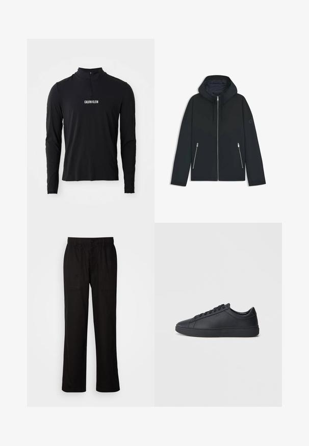 Svart huva jacka med en kontrasterande geometrisk design, med dragkedjestängning och två sidfickor med silverdragkedjor. Släta tygstruktur.; Svart långärmad topp med hög krage, featuring en fjärdedelsdragkedja och vit "CALVIN KLEIN"-logotyp på framsidan. Slät, elastisk tyg.; Svarta byxor med en avslappnad passform, tillverkade av lättviktig tyg. Har en elastisk midja, knappstängning och två framfickor.; Svarta sneakers i slätt läder med låg design, rund tå och platt gummisula. Har snörning och subtil branding.