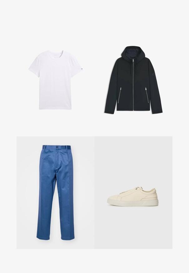 Musta huppari, jossa on kontrastinen geometrinen kuvio, varustettuna vetoketjusulkeisella ja kahdella sivutaskulla, joissa on hopeiset vetoketjut. Sujuva kangaspuoli.; Valkoinen puuvillapaita, pyöreä kaula-aukko, lyhyet hihat, sileä rakenne, ei kuvioita. Vasemmassa hihassa pieni logo.; Siniset housut, jotka on valmistettu sileästä kankaasta. Housuissa on suora lahkeiden muotoilu, napillinen sulkeminen ja hillityt ompeluyksityiskohdat.; Beige nahkakengät, joissa on pyöreä kärki, minimalistinen muotoilu, hillityt ommellut yksityiskohdat ja teksturoitu päällinen, vaalealla pohjalla.