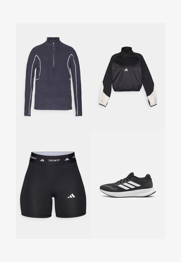 Melna sporta jaka ar augstu apkakli un puspievilcēju. Iezīmētas baltas akcentu piedurknes un elastīga apakšmalā. Logo atrodas krūšu centra daļā. Gluda tekstūra.; Jūras spēku zips vilnas pulovers ar augstu apkakli, ar baltu kontrastējošu apdari gar šuvēm un metāliski spīdīgu rāvējslēdzēju. Gluda tekstūra.; Melnas šortus, izgatavotus no elastīga auduma, ar pieguļošu dizainu. Iezīmēts ar plašu melnu jostasvietu, uz kuras ir uzraksts "TECHFIT", un ar baltu logotipu uz kājas.; Melns sporta apavs ar sietu augšdaļu, apaļu purngali un trim baltām svītrām sānos. Viegls zole ar teksturētu gumijas zoli, lai nodrošinātu saķeri.