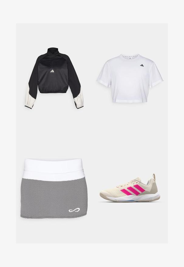 Črn športni pulover z visokim ovratnikom in polovičnim zapenjanjem. Ima bele akcentne rokave in elastičen rob. Logotip je nameščen na sredini prsnega dela. Gladka tekstura.; Bela skrajšana majica iz mehkega blaga, z kratkimi rokavi in okroglim izrezom. Črn logotip na levem prsou.; Endless SKIRT RACE - Športno krilo - grey; Bežni atletski čevlji z rožnatim logotipom s tremi črtami, teksturiran zgornji del iz mrežaste tkanine, oblazinjen ovratnik in bel gumijast podplat, ki nosi blagovno znamko "LIGHTSTRIKE".