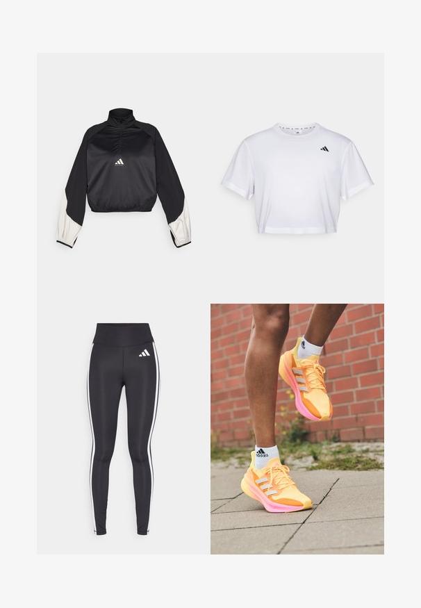 Pull-over de sport noir avec col montant et demi-fermeture éclair. Manches à accents blancs et taille élastiquée. Logo situé au centre de la poitrine. Texture lisse.; T-shirt blanc court en tissu doux, avec des manches courtes et un col rond. Logo noir sur la poitrine gauche.; Leggings noirs taille haute, avec des rayures blanches sur les côtés et un petit logo blanc sur la cuisse gauche. Fabriqués dans un matériau lisse et extensible.; Baskets de course jaunes vives avec des accents roses et des rayures blanches, dotées d'une tige en maille, d'un design léger et d'une semelle texturée.
