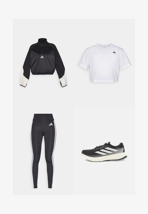 Pull-over de sport noir avec col montant et demi-fermeture éclair. Manches à accents blancs et taille élastiquée. Logo situé au centre de la poitrine. Texture lisse.; T-shirt blanc court en tissu doux, avec des manches courtes et un col rond. Logo noir sur la poitrine gauche.; Leggings noirs taille haute, avec des rayures blanches sur les côtés et un petit logo blanc sur la cuisse gauche. Fabriqués dans un matériau lisse et extensible.; Chaussure de sport noire avec tige en maille, accents blancs et une semelle intermédiaire blanche épaisse. Dispose de lacets et d'un design profil bas.