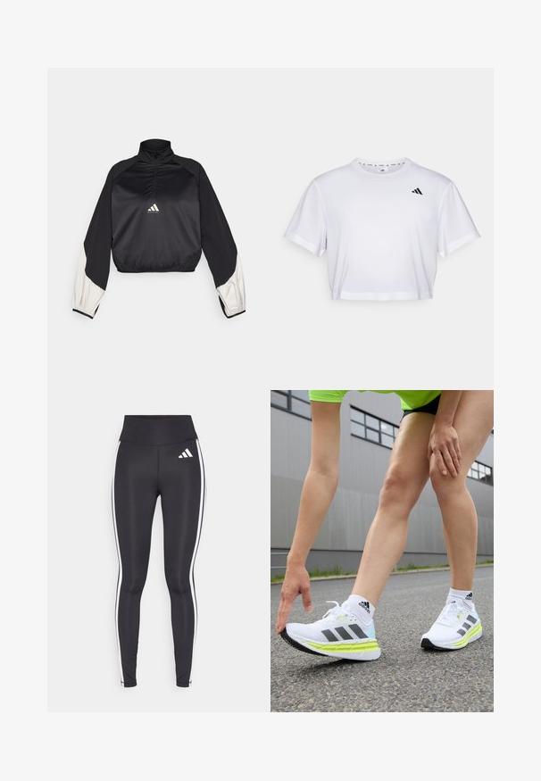 Zwart sportpullover met hoge kraag en halve rits. Voorzien van witte accenten op de mouwen en een elastische zoom. Logo geplaatst op het midden van de borst. Soepele textuur.; Witte cropped t-shirt gemaakt van zachte stof, met korte mouwen en een ronde hals. Zwart logo op de linkerborst.; Zwarte legging met hoge taille, voorzien van witte zijkanten en een klein wit logo op de linkerbovenbeen. Gemaakt van een gladde, rekbare stof.; adidas Performance ADISTAR 3 - Hardloopschoenen voor op de weg - footwear white/core black/pulse lime