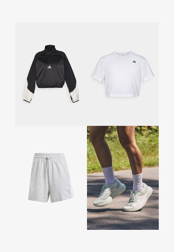 Crni sportski pulover s visokim ovratnikom i polu zatvaračem. Ima bijele akcentirane rukave i elastičnu donju rub. Logo se nalazi u središnjem delu grudi. Glatka tekstura.; Bijela skraćena majica od mekog materijala, s kratkim rukavima i okruglim izrezom. Crni logo na lijevoj strani prsnog koša.; Sive kratke sportske hlače napravljene od mekane tkanine, s elastičnim pojasom i vezicom, te kontrastnim bijelim bočnim trakama.; Svijetlo mint zelene sportske tenisice s glatkom teksturom, zaobljenim vrhom i debelim potplatom. Uparene s bijelim čarapama do gležnja, prikazane u pokretu na stazi.