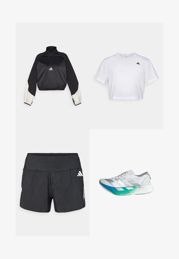 Sudadera deportiva negra con cuello alto y media cremallera. Presenta mangas con acentos en blanco y dobladillo elástico. Logotipo ubicado en el centro del pecho. Textura suave.; Camiseta blanca recortada hecha de una tela suave, con mangas cortas y un escote redondo. Logo negro en el lado izquierdo del pecho.; Pantalones cortos deportivos negros con una amplia cintura elástica, tela ligera y detalles de logo blancos en el lateral inferior.; Zapatilla de correr blanca con acentos plateados, suela en degradado de azul a verde, parte superior texturizada y tres rayas diagonales en el lateral.