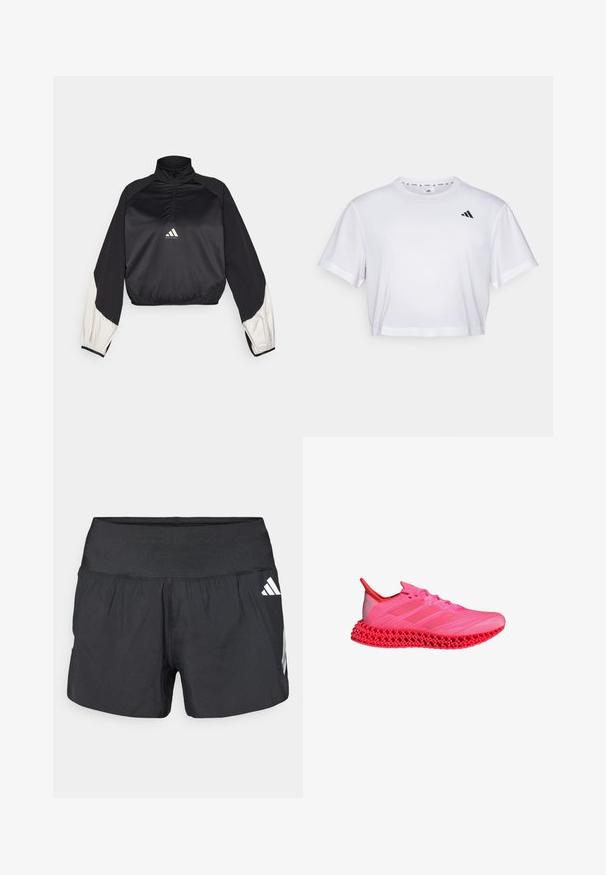 Musta urheilupusero, jossa on korkea kaulus ja puolivetoketju. Ominaisuuksiin kuuluvat valkoiset korostus hihat ja elastinen helma. Logo sijaitsee rintakeskellä. Suloinen rakenne.; Valkoinen lyhythihainen t-paita, joka on valmistettu pehmeästä kankaasta. Pyöreä pääntie. Musta logo vasemmassa rinnassa.; Musta urheilushortsit, joissa on leveä joustava vyötärönauha, kevyt kangas ja valkoiset logokoristeet alaosassa sivulla.; Vaaleanpunaiset urheilukengät hengittävällä kankaalla varustetulla päällisellä, kolmonen raidallinen muotoilu ja erottuva ritilämäinen pohja. Tummemman vaaleanpunaisia yksityiskohtia.