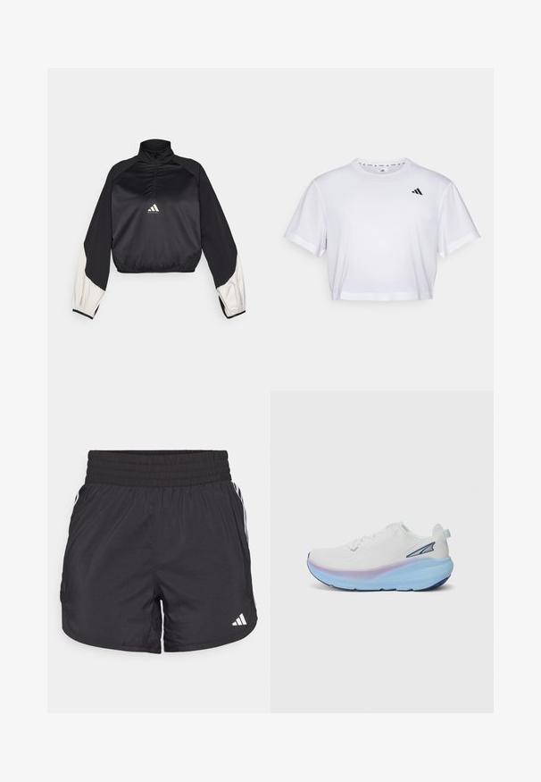 Črn športni pulover z visokim ovratnikom in polovičnim zapenjanjem. Ima bele akcentne rokave in elastičen rob. Logotip je nameščen na sredini prsnega dela. Gladka tekstura.; Bela skrajšana majica iz mehkega blaga, z kratkimi rokavi in okroglim izrezom. Črn logotip na levem prsou.; Črne atletske kratke hlače z elastičnim pasom, stranskimi žepi in belimi črtami na straneh. Narejene iz lahkega materiala.; Bela tekaška obuvala z teksturirano zgornjim delom, ki ima gradientno podplatt v modrih in vijoličnih odtenkih ter majhnim logotipom ob strani.