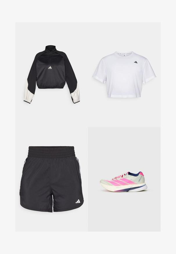 Černý sportovní pulover s vysokým límcem a půlzipem. Má bílé akcentované rukávy a elastické zakončení. Logo umístěné na středu hrudi. Hladká textura.; Bílý zkrácený tričko vyrobené z měkké látky, s krátkými rukávy a kulatým výstřihem. Černé logo na levé hrudi.; Černé sportovní šortky s elastickým pasem, bočními kapsami a bílými pruhy po stranách. Vyrobené z lehkého materiálu.; Běžecká obuv s lehkým síťovaným svrškem v jemně zelené barvě a růžovými pruhy, fialovými akcenty a silnou bílou podrážkou označenou jako "LIGHTSTRIKE PRO."