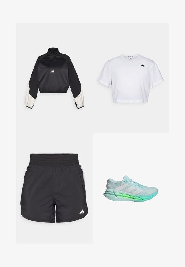 Pulover sport negru cu guler înalt și fermoar pe jumătate. Are mâneci cu accent alb și tiv elasticizat. Logo situat în centrul pieptului. Textură netedă.; Tricou alb scurt dintr-un material moale, cu mâneci scurte și decolteu rotund. Logo negru pe partea stângă a pieptului.; Șorturi atletice negre, cu talie elastică, buzunare laterale și accente albe pe laterale. Fabricate dintr-un material ușor.; Pantofila de alergare de culoare albastru deschis, cu un ampalaj din plasă texturată, trei dungi albe și o talpă cu nuanță verde. Dispune de un guler căptușit și șirete plate.