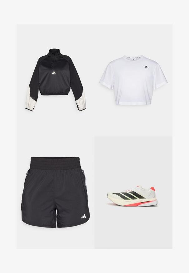 Črn športni pulover z visokim ovratnikom in polovičnim zapenjanjem. Ima bele akcentne rokave in elastičen rob. Logotip je nameščen na sredini prsnega dela. Gladka tekstura.; Bela skrajšana majica iz mehkega blaga, z kratkimi rokavi in okroglim izrezom. Črn logotip na levem prsou.; Črne atletske kratke hlače z elastičnim pasom, stranskimi žepi in belimi črtami na straneh. Narejene iz lahkega materiala.; Bela tekaška čevlja z črnimi črtami, neon zelenimi poudarki in rdečo peto. Imajo teksturirano mrežasto zgornje plast in lahkotno podplat za udobje.